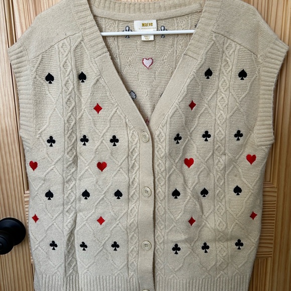 Anthropologie Sweaters - Anthropologie Beige Cardigan with Red and Black Card Motif
